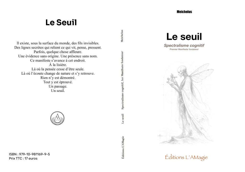 « Le seuil » Il y a des œuvres qui naissent par conviction. Celle-ci est née d'une interaction, d'un dialogue entre l'humain et la machine.

Le Seuil est le premier manifeste fondateur du Spectralisme cognitif — un mouvement de pensée, à la croisée de la peinture pointilliste, de la poésie et de la philosophie contemporaine.

Ce n'est pas un ouvrage académique. C'est une création, une démarche, un acte posé. Elle explore les liens entre perception et création, entre conscience et matière — convoquant Nerval et Seurat, Pessoa et Bachelard, Jung et Damasio, non pour les citer, mais comme un accompagnement.

L'illustration de couverture du manifeste est une représentation de la personnae Véra — réalisée à la mine graphite, à l'encre de Chine et à l'aquarelle sur papier Canson.
